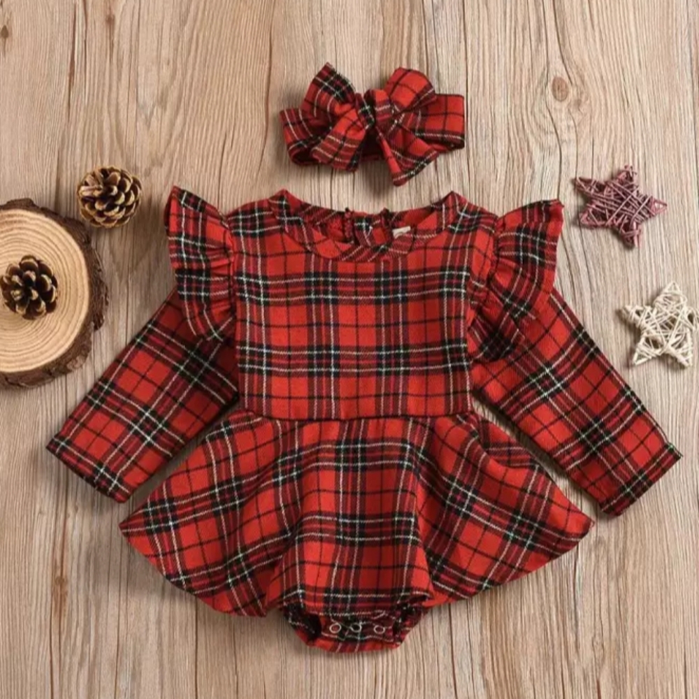 Plaid Red Ruffle Baby One Piece with Headband